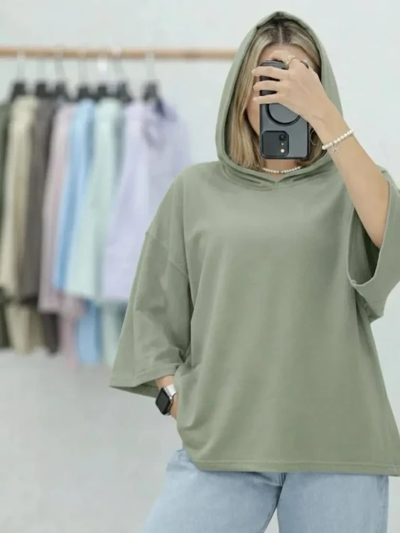 تیشرت کد 02191 باکسی کلاهدار